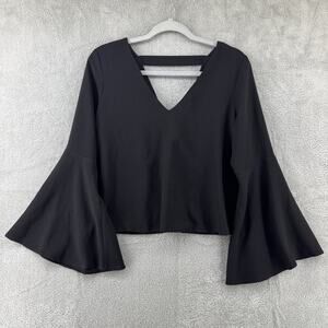 Miss Selfridge Top Womens US6 Black Pullover V-Neck Flare Sleeve Witchy